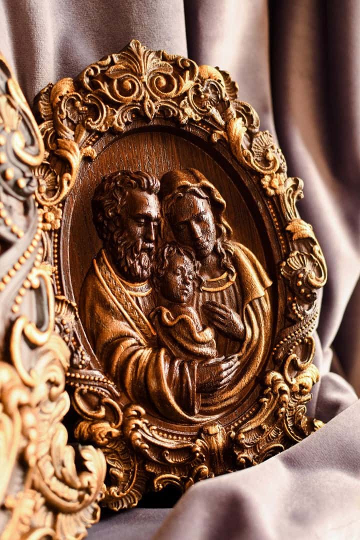 Holy Familly Wooden Carved Icon with Classical Frame - Kozak Work Shop