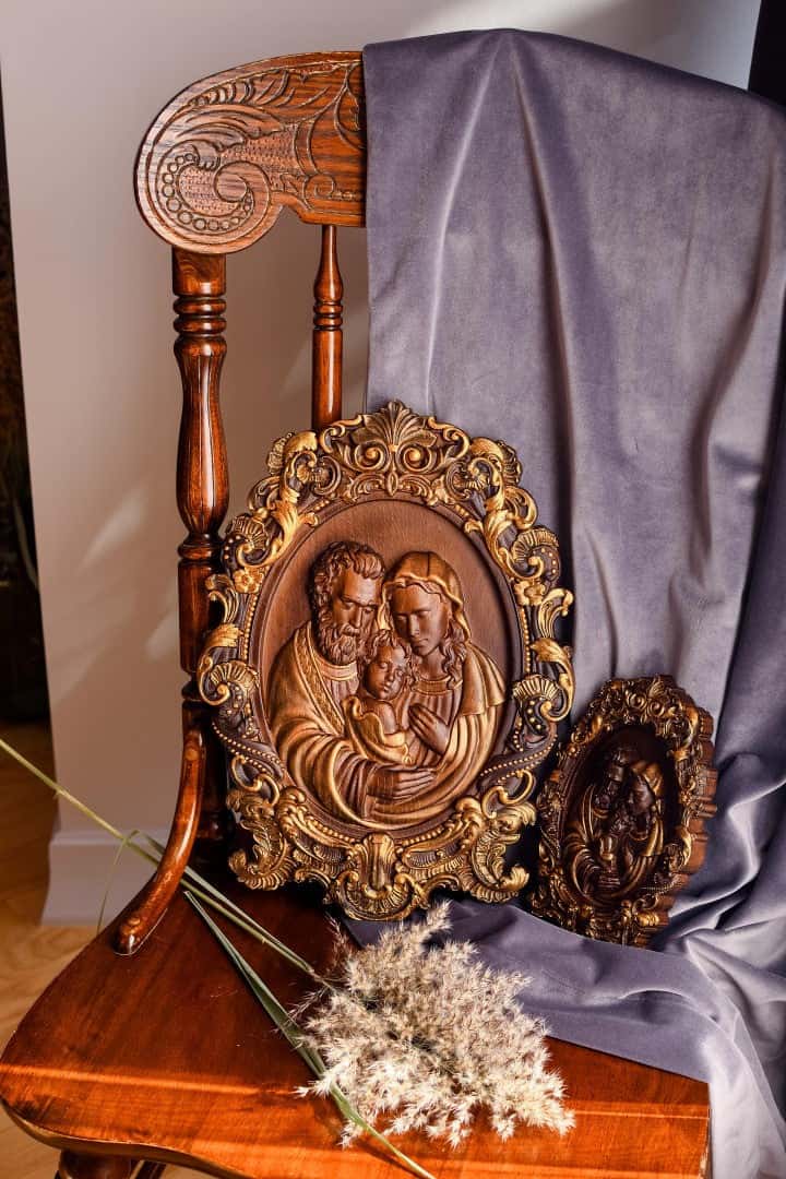 Holy Familly Wooden Carved Icon with Classical Frame - Kozak Work Shop