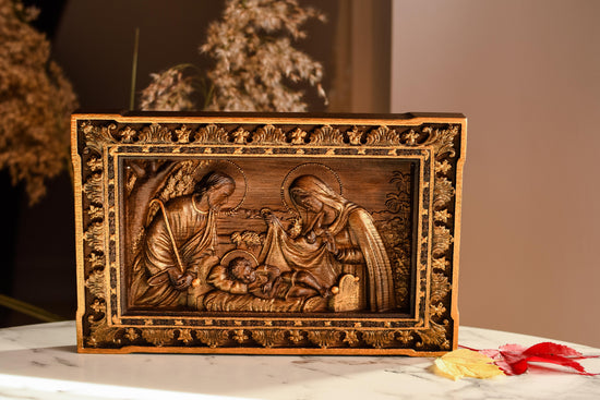 Holy Familly Wooden Carved Plaque Long