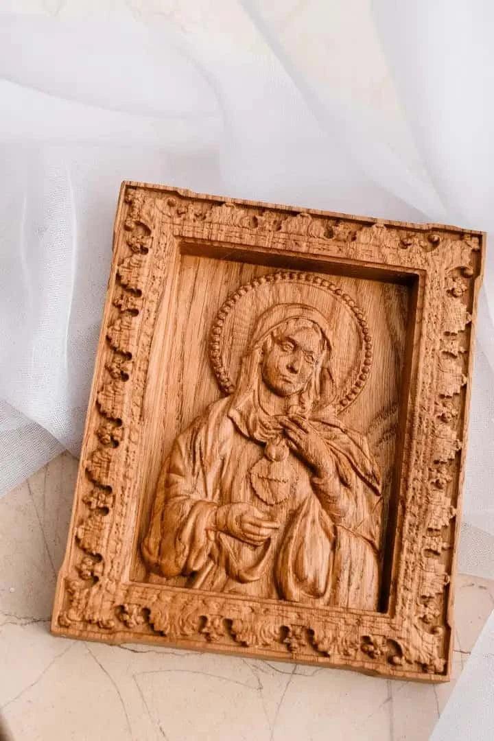 Immaculate Heart of Mary Wooden Icon Antique - Kozak Work Shop