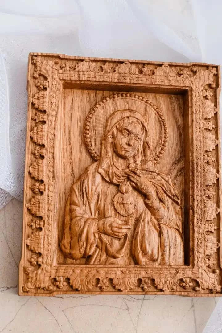 Immaculate Heart of Mary Wooden Icon Antique - Kozak Work Shop