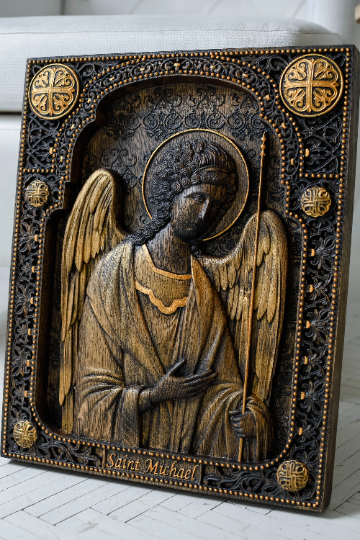Archangel Michael watching You Wooden 3D carved icon