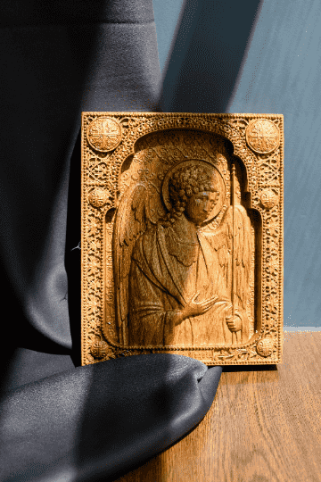 Archangel Michael watching You Wooden 3D carved icon - Kozak Work Shop
