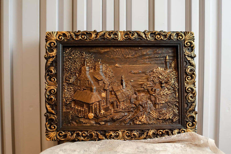 Wooden carved picture House in the Valley - Kozak Work Shop