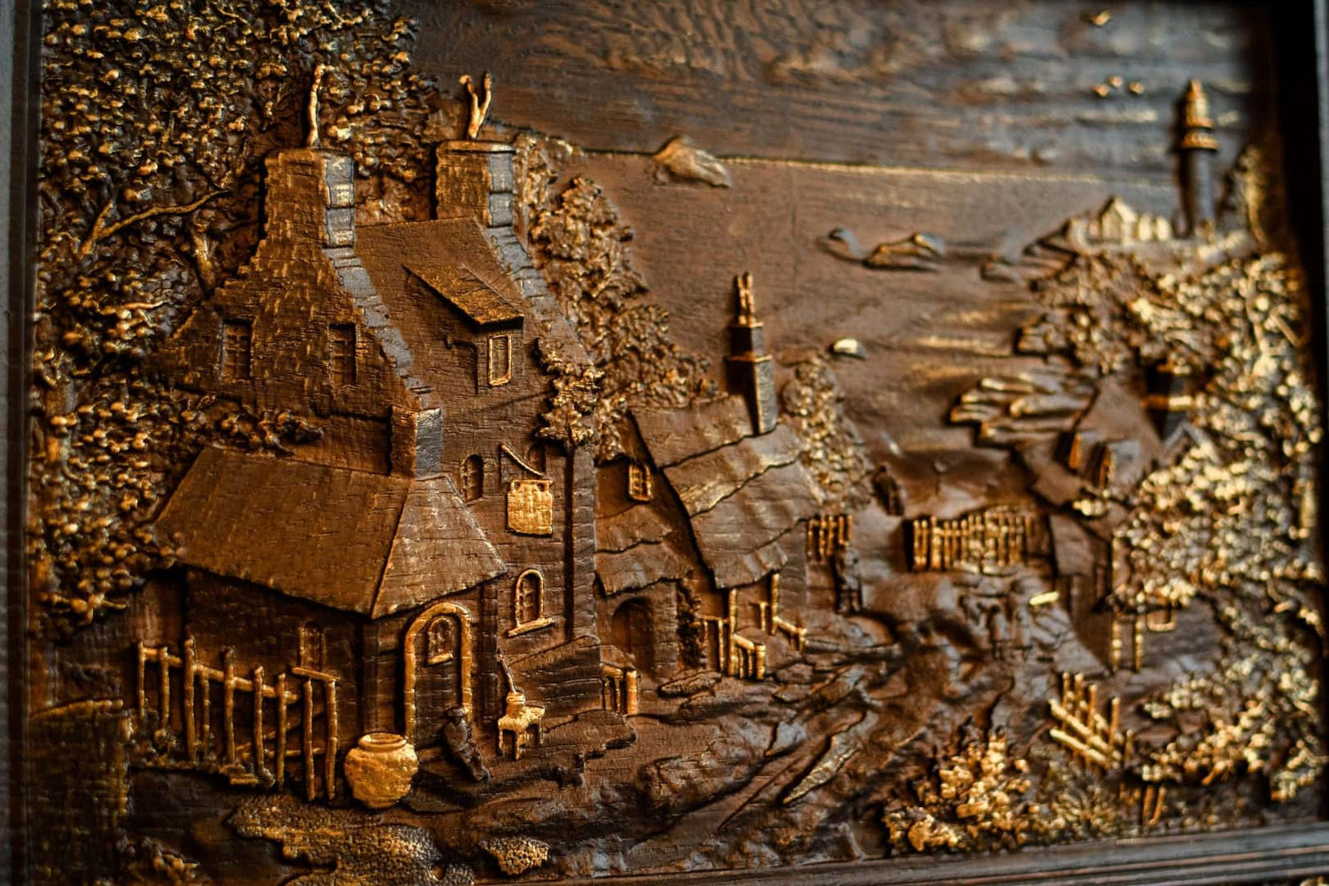 Wooden carved picture House in the Valley - Kozak Work Shop