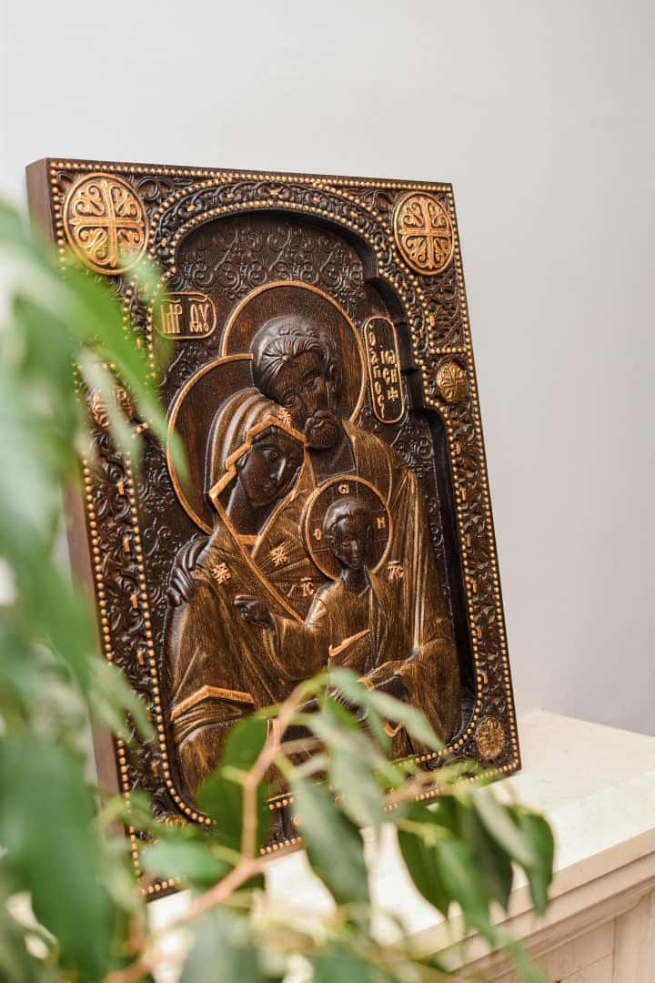 Holy Familly Wooden Carved Byzantine Image - Kozak Work Shop
