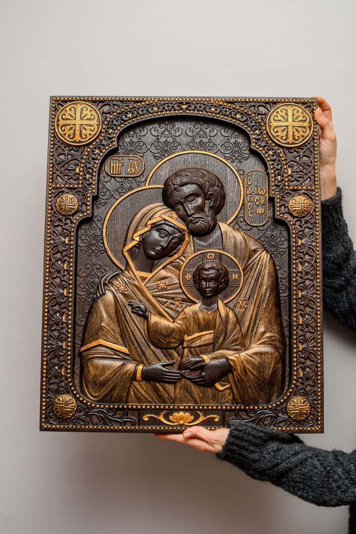 Holy Familly Wooden Carved Byzantine Image - Kozak Work Shop