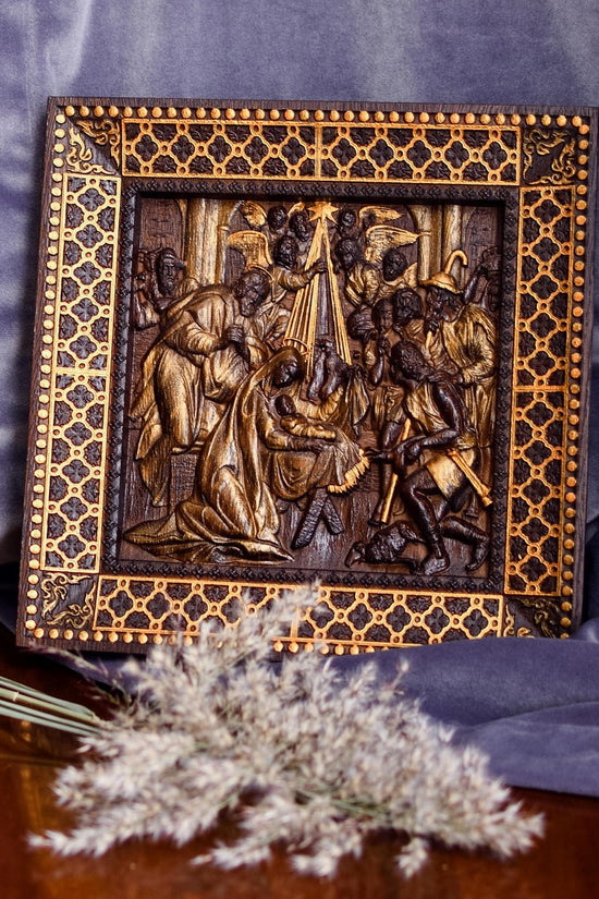 Nativity Wooden Bas Relief Squared