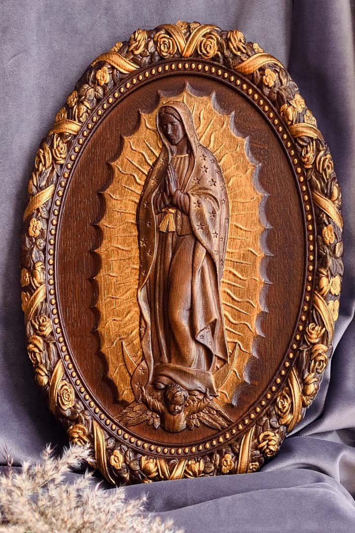 Our Lady of Guadalupe Wooden Sculpture Oval - Kozak Work Shop