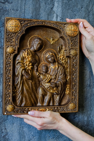 Holy Familly Wooden Carved Plaque with Lilies