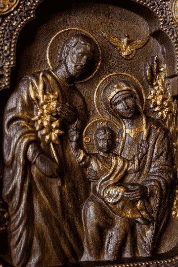 Holy Familly Wooden Carved Plaque with Lilies - Kozak Work Shop