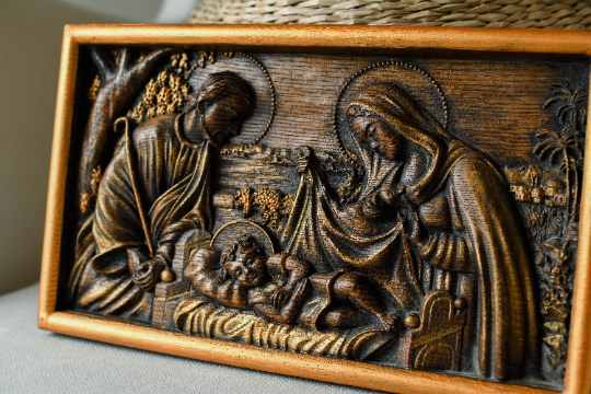 Holy Familly Wooden Carved Plaque with Plain Frame