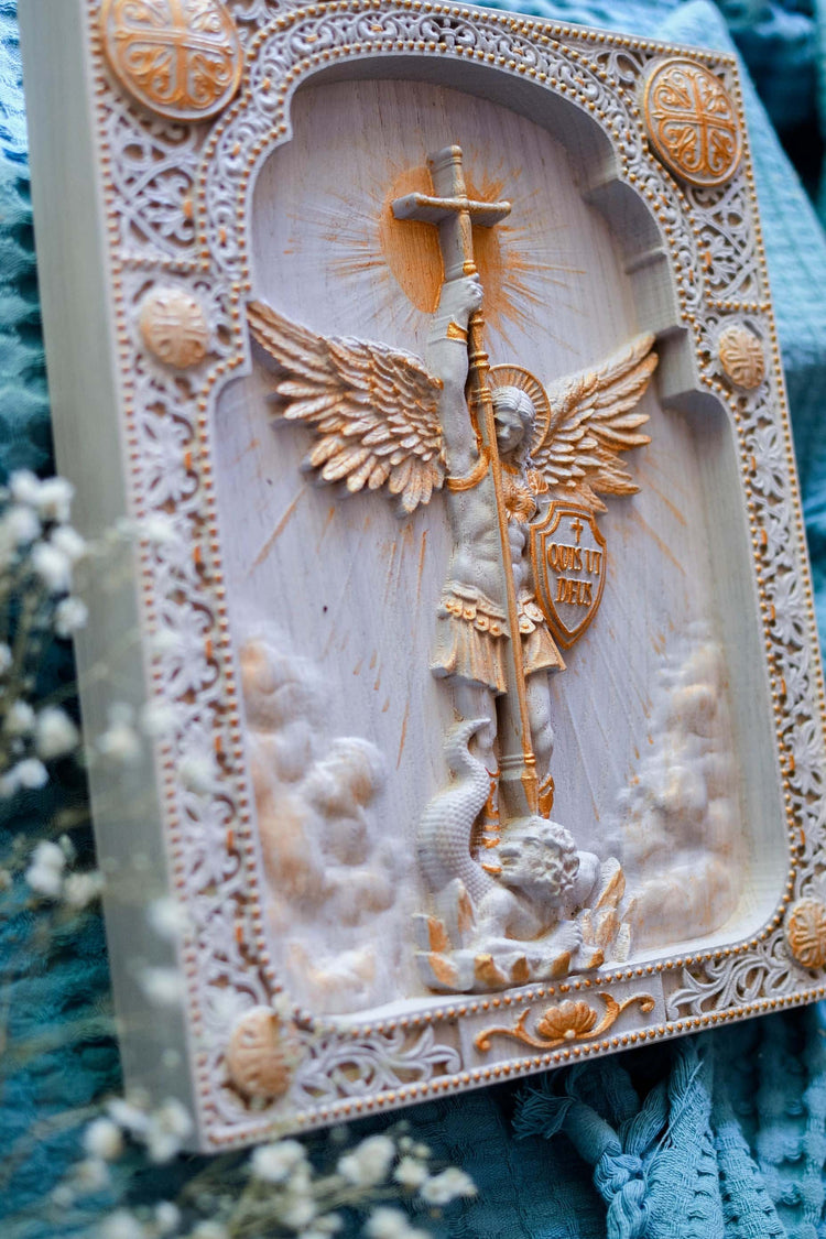 Archangel Michael with the Wings Wooden 3D carved icon - Kozak Work Shop
