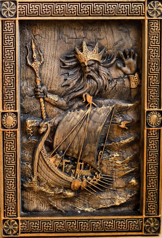 Njord Skandinavian God of Sea Wooden Carved Wall Picture
