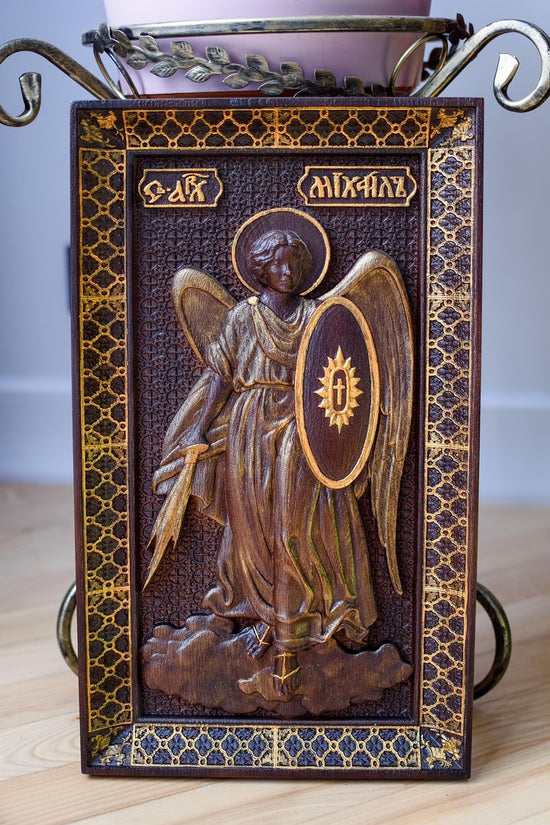 Archangel Michael with a shield wooden sculpture