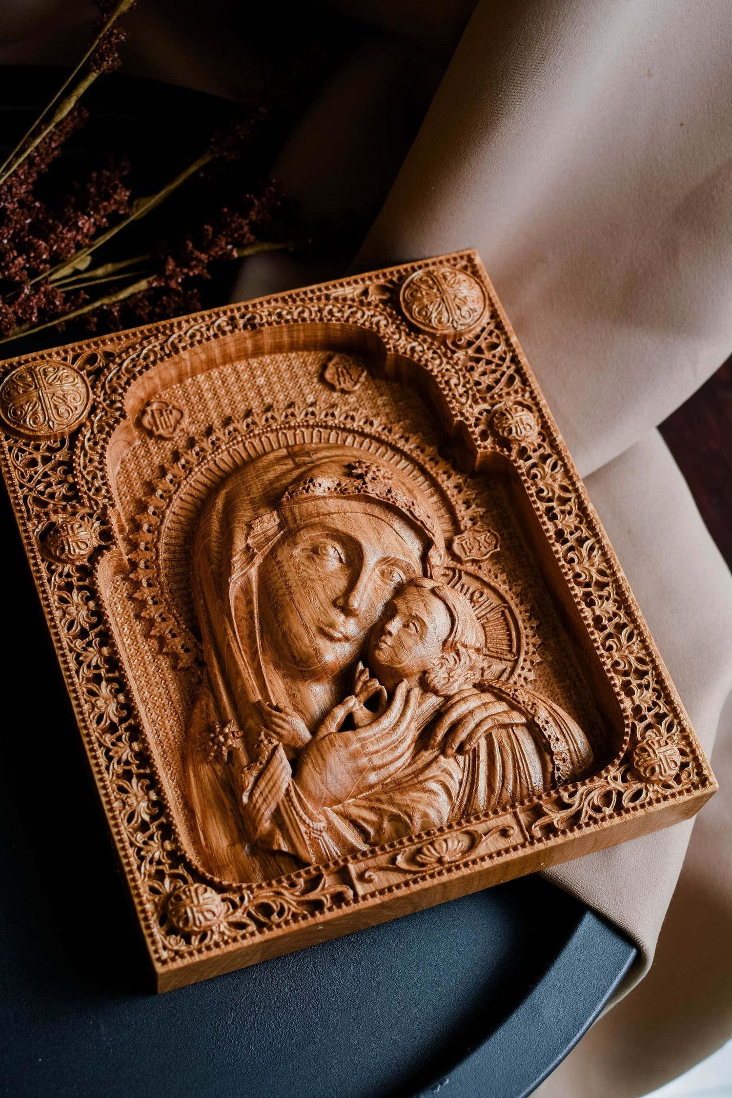 Virgin Mary and Baby Jesus Wooden Icon Classic - Kozak Work Shop