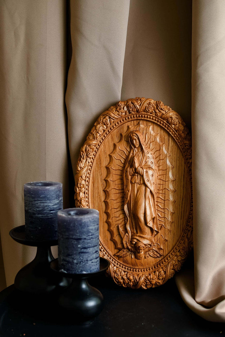 Our Lady of Guadalupe Wooden Sculpture Oval - Kozak Work Shop