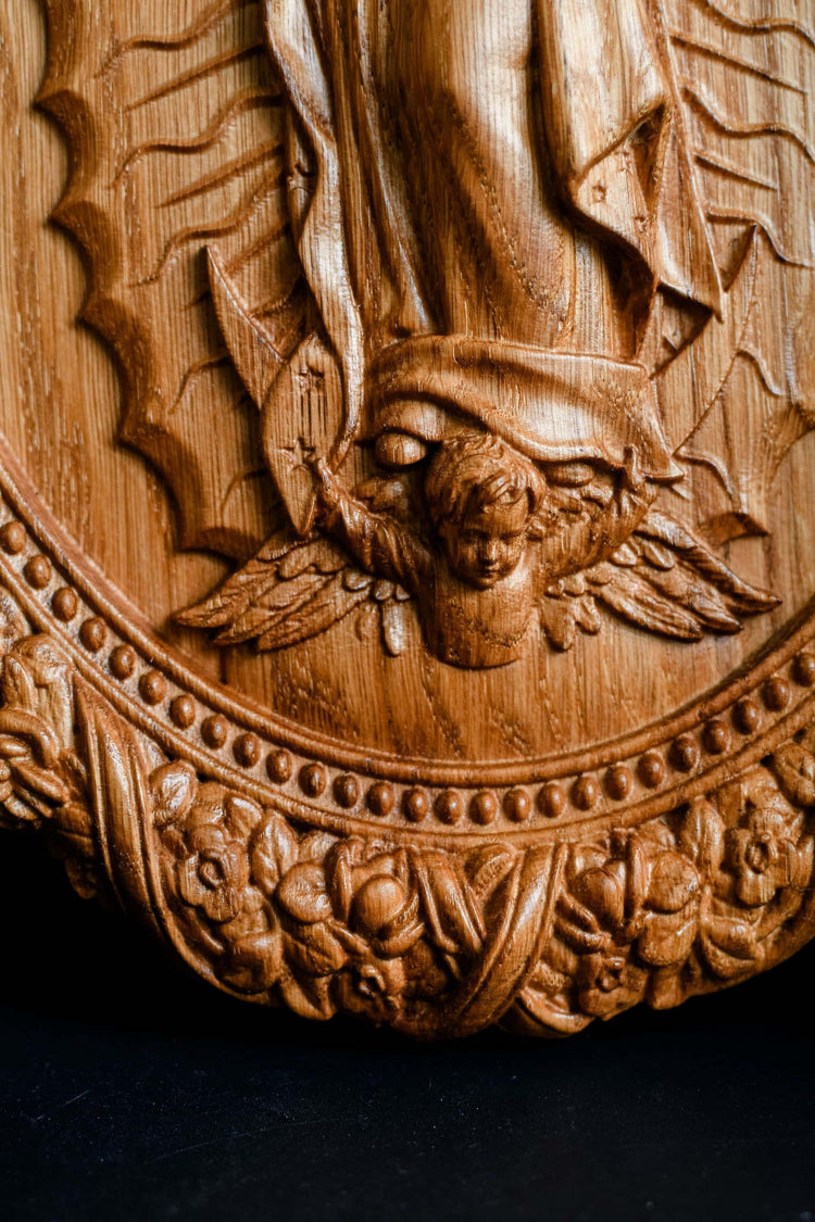 Our Lady of Guadalupe Wooden Sculpture Oval - Kozak Work Shop