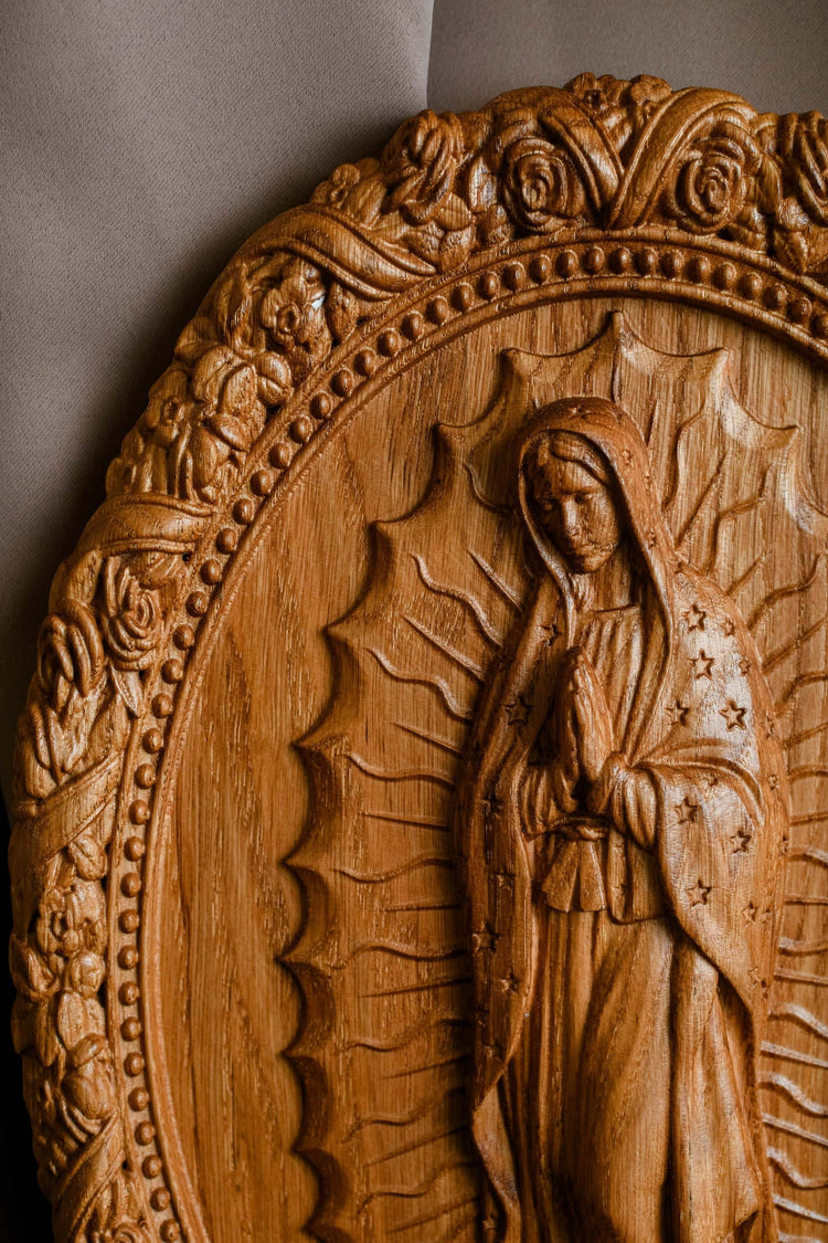 Our Lady of Guadalupe Wooden Sculpture Oval - Kozak Work Shop
