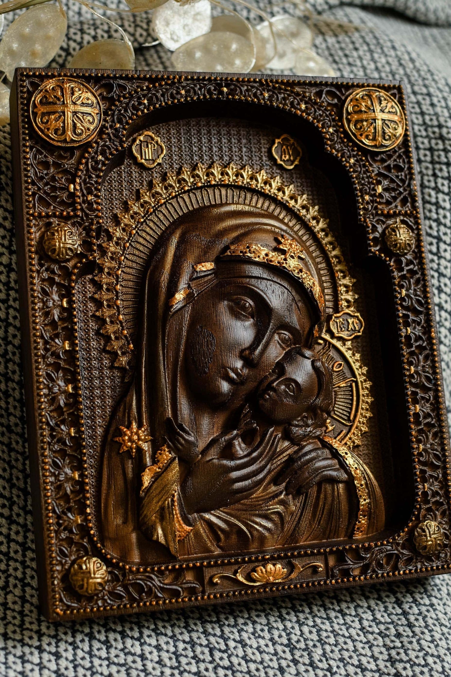 Virgin Mary and Baby Jesus Wooden Icon Classic - Kozak Work Shop