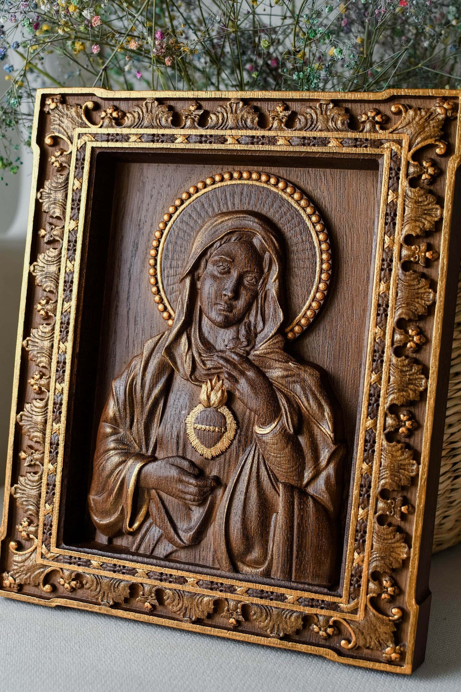 Immaculate Heart of Mary Wooden Icon Antique - Kozak Work Shop