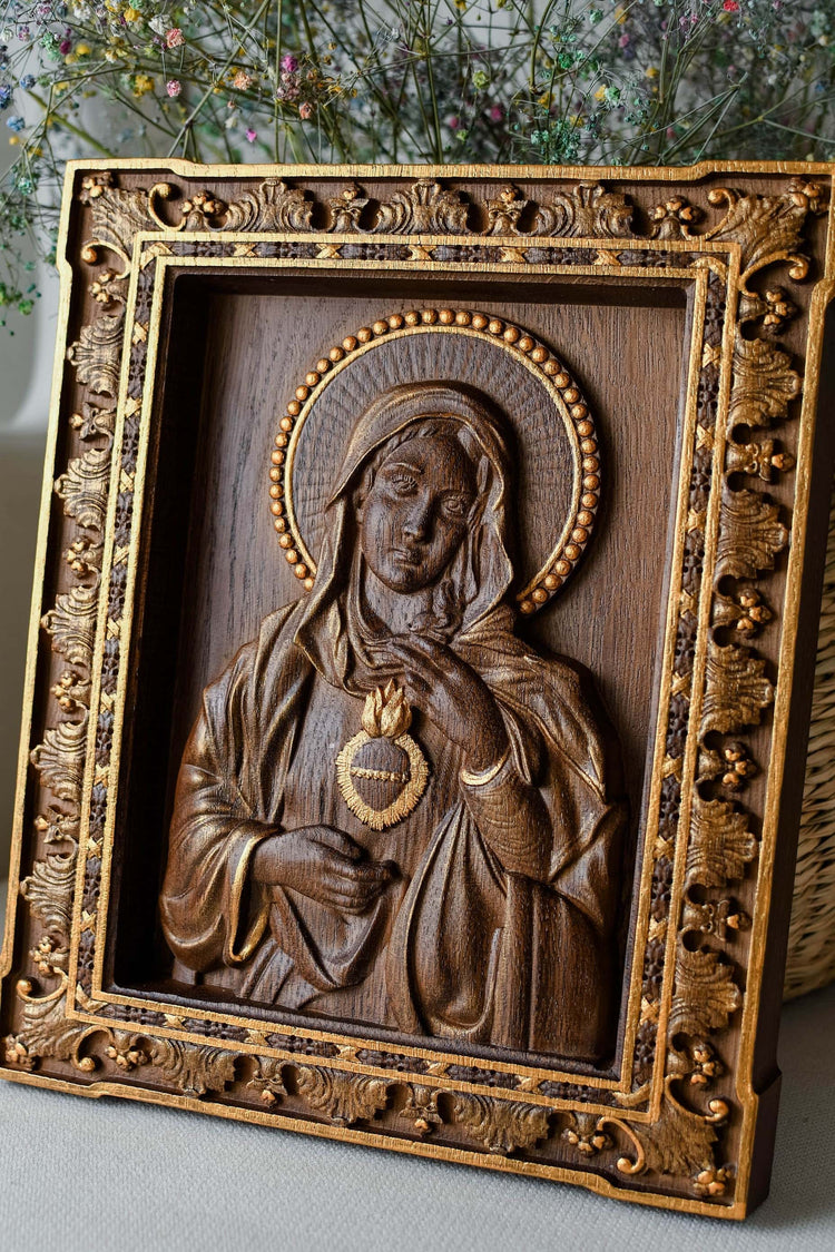 Immaculate Heart of Mary Wooden Icon Antique - Kozak Work Shop