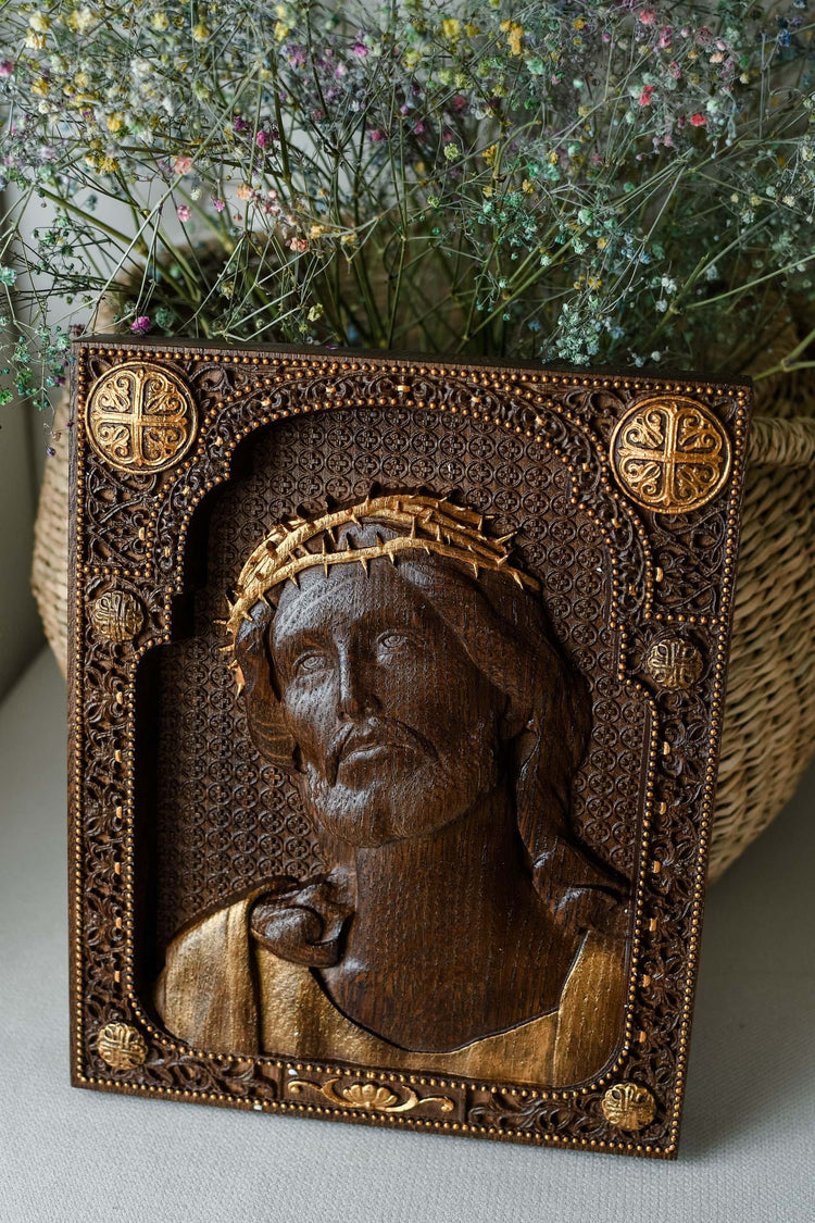 Jesus Christ Wearing Crown of Thorns Wooden Image Classical - Kozak Work Shop