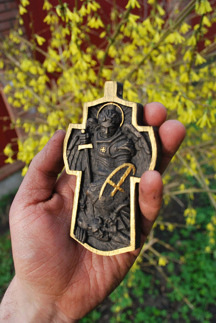 4 inches Pectoral Wooden Cross Archangel Michael 226