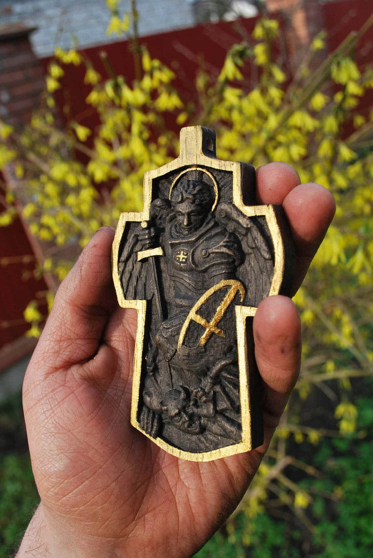 4 inches Pectoral Wooden Cross Archangel Michael 226