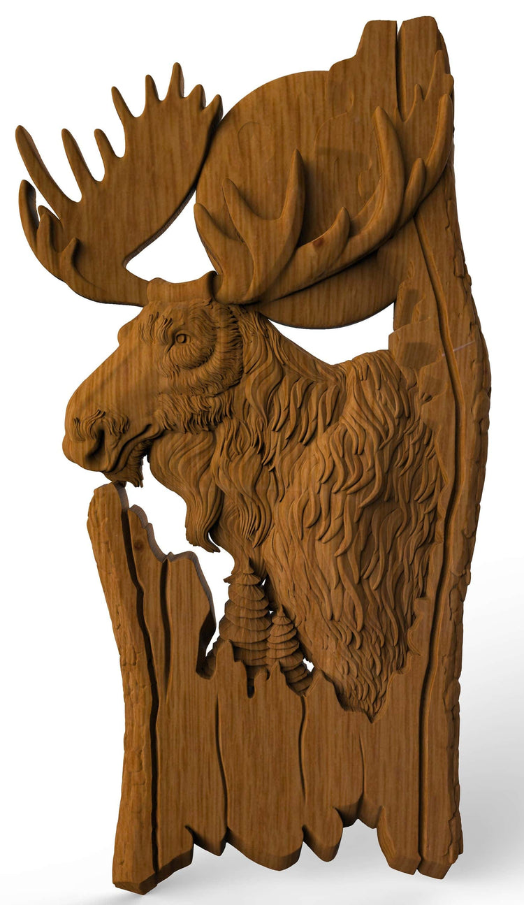 Moose and moon Wooden Carved Plaque 200