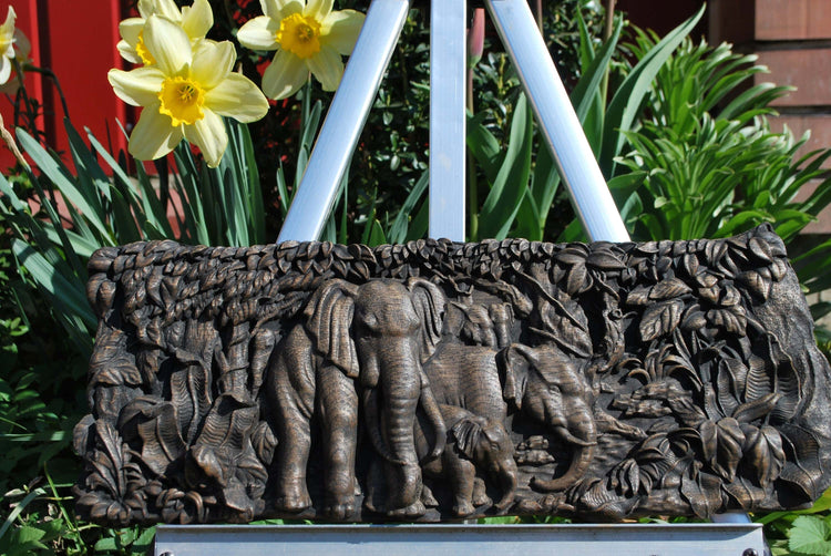 Elephants Wooden Carved Plaque 23