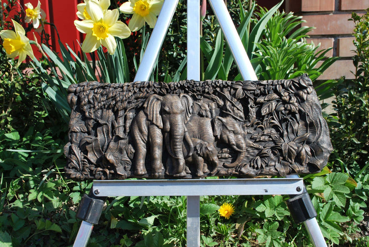 Elephants Wooden Carved Plaque 23