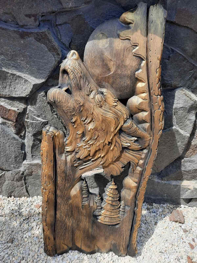 Wolf and a moon Wooden Carved Plaque 99