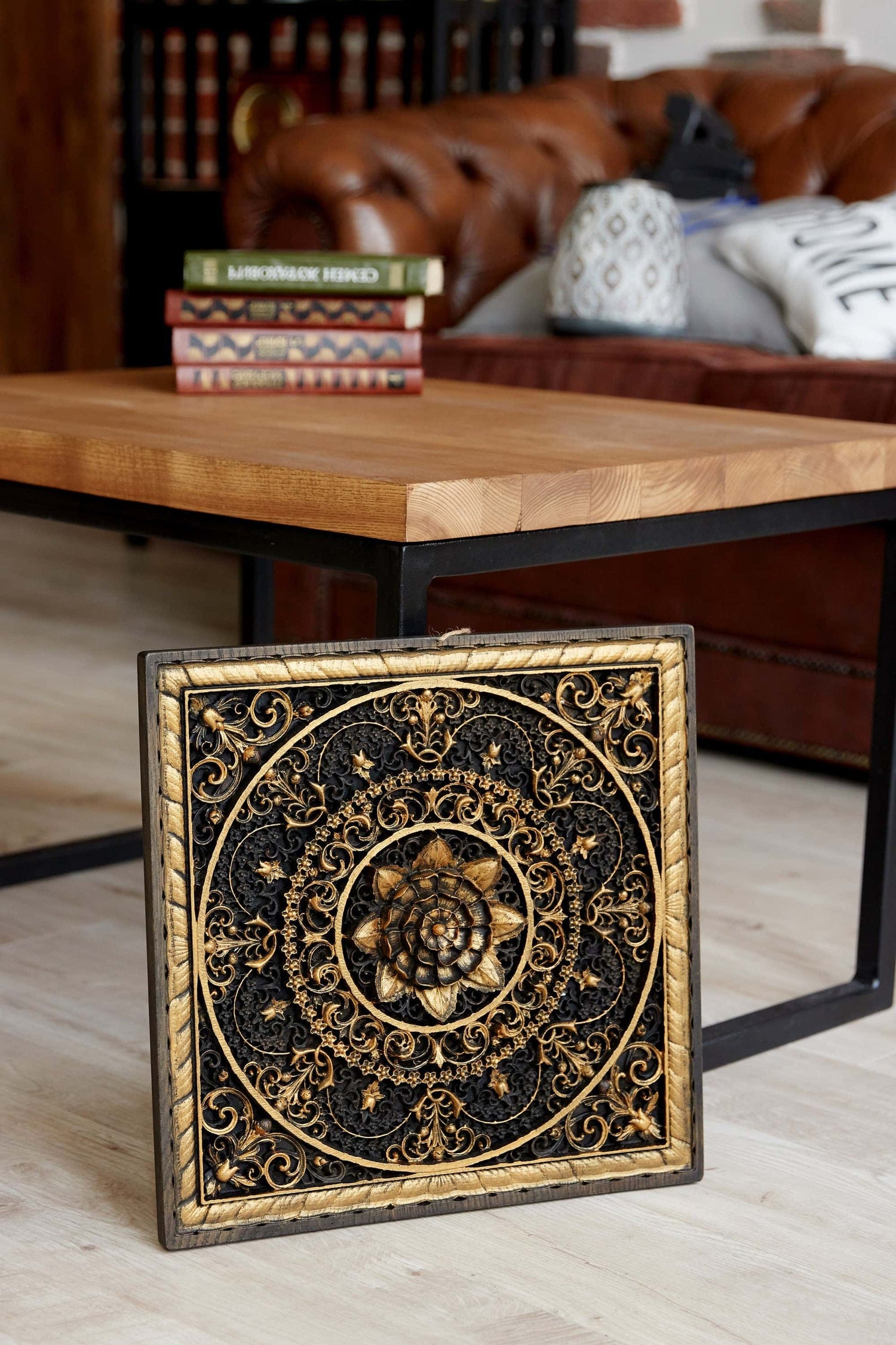 Mandala Squared Wooden Bas Relief 31