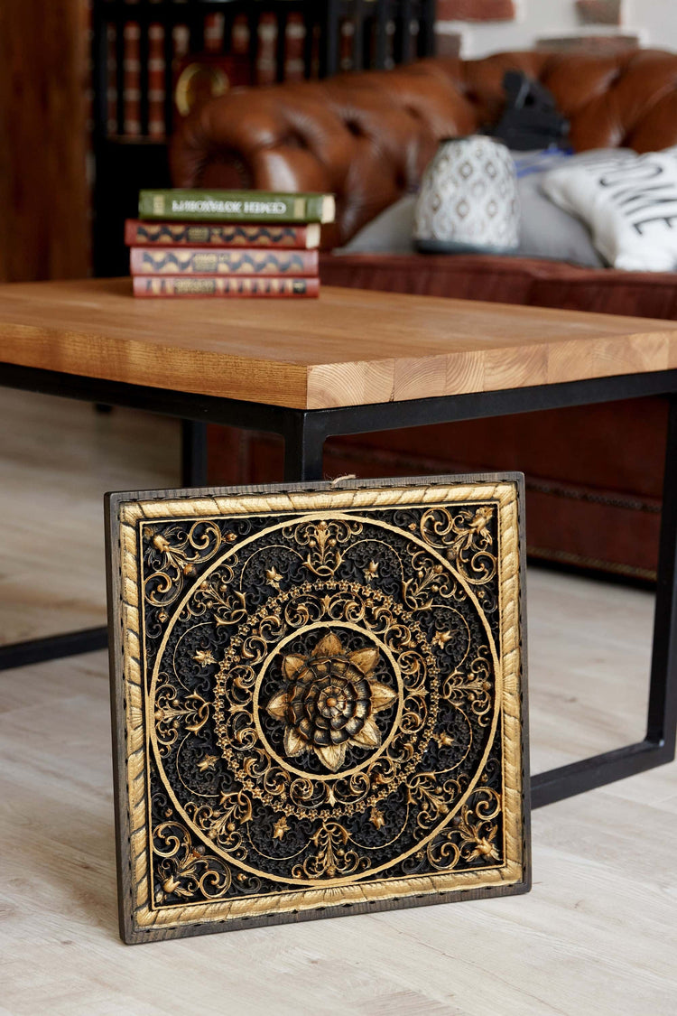 Mandala Squared Wooden Bas Relief 31