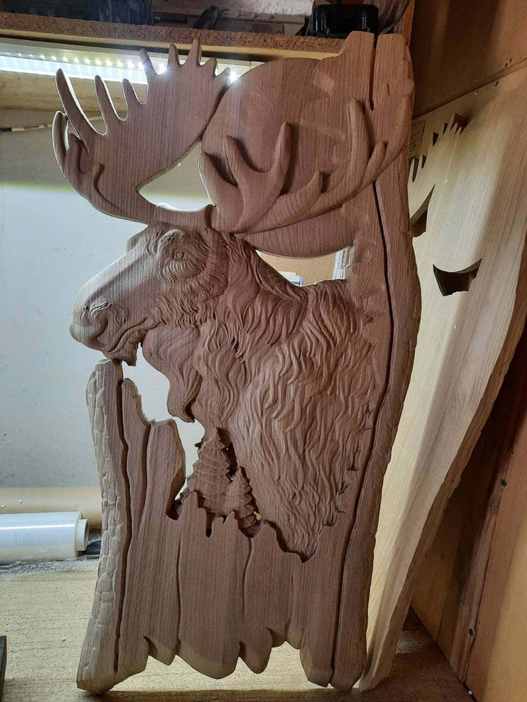 Moose and moon Wooden Carved Plaque 200