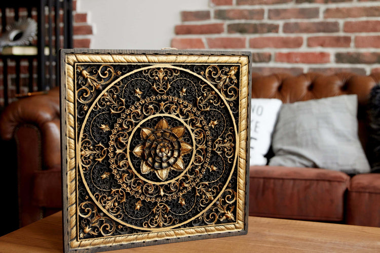 Mandala Squared Wooden Bas Relief 31