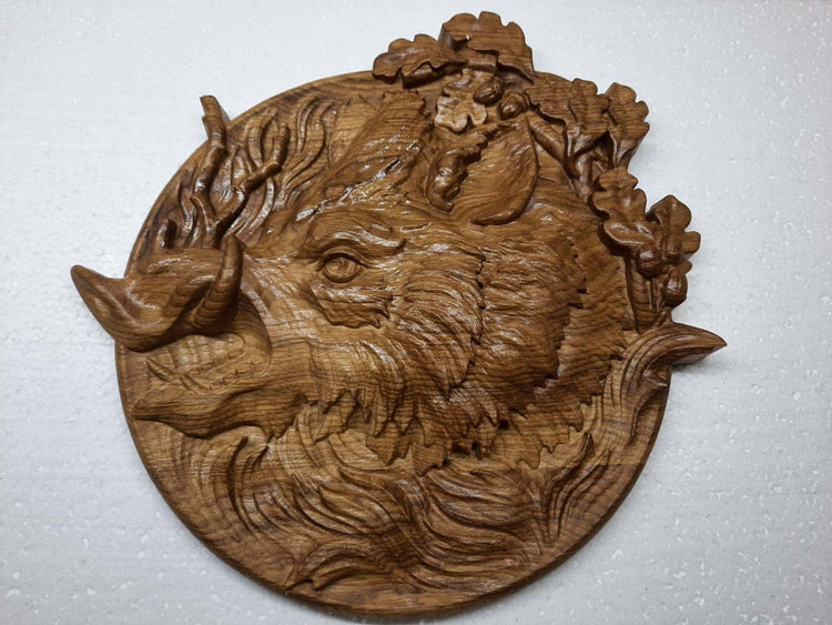 Boar Head Wooden Carved Plaque 271