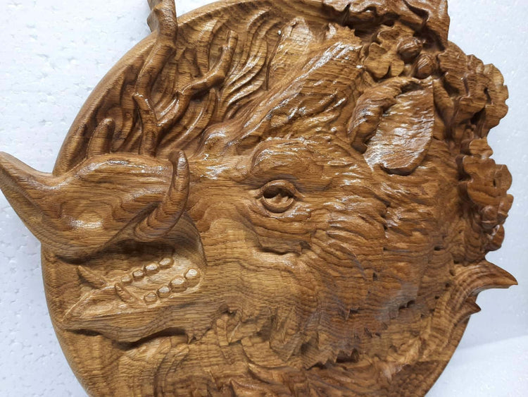 Boar Head Wooden Carved Plaque 271