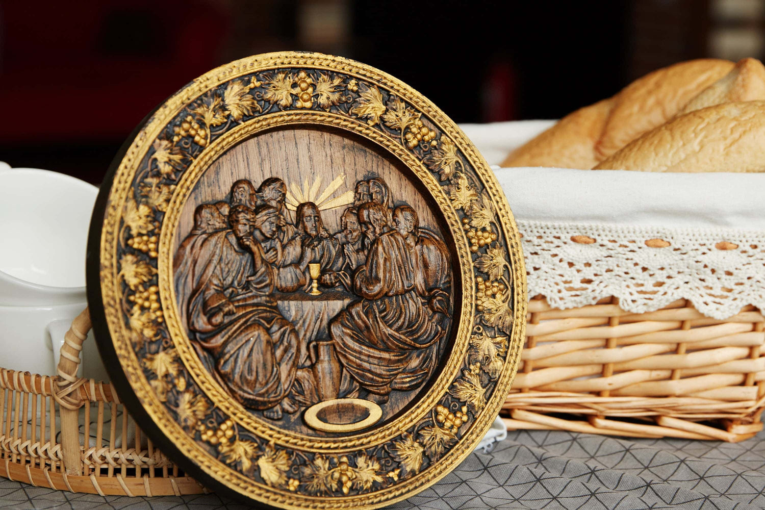 Round Last Supper Wooden Carved Plaque 204