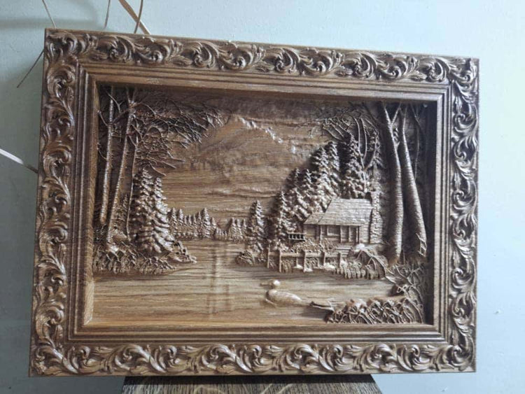 Wooden carved picture In the village 309