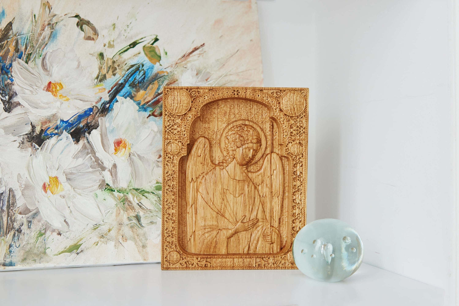 Archangel Michael watching You Wooden 3D carved icon 53