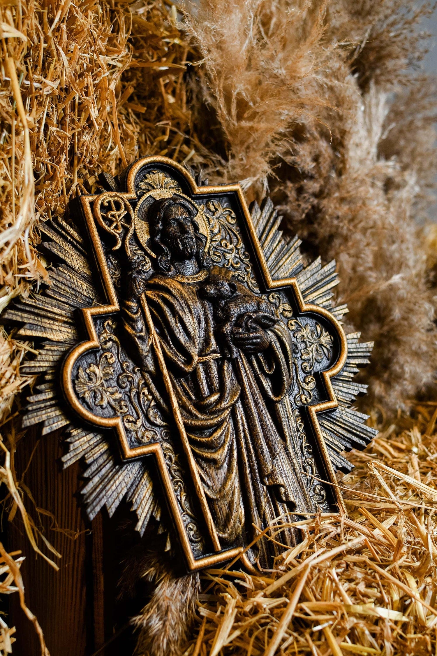 Good Shepherd religious gift Wooden carved chrirstian wall art - Free personal engraving - Natural oak - Handmade wood wall decor