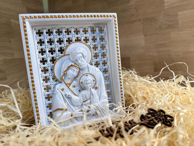 Holy Family Wooden carved statuary Natural wood Christian christmas home decor set - 6x7 inches