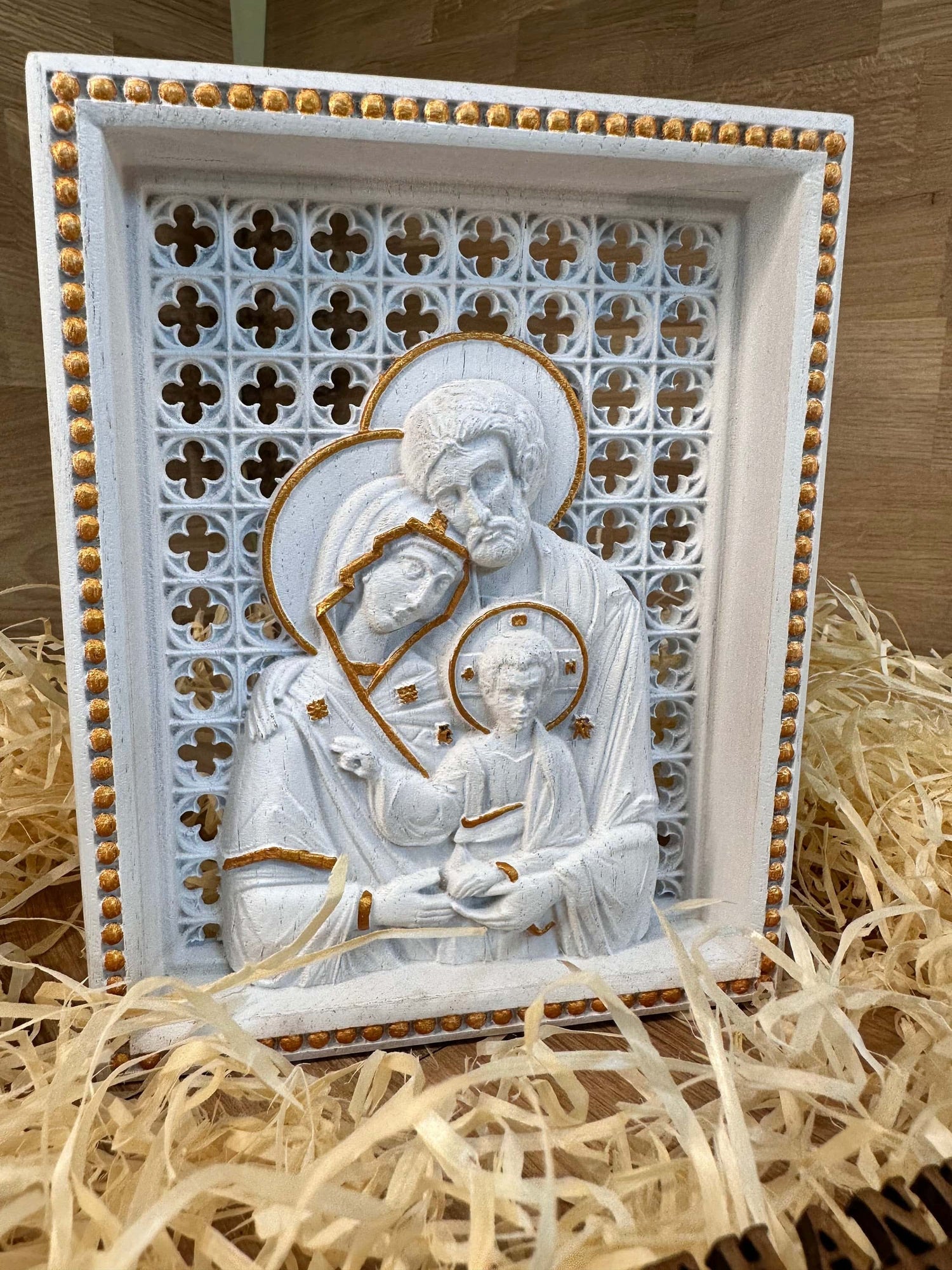 Holy Family Wooden carved statuary Natural wood Christian christmas home decor set - 6x7 inches