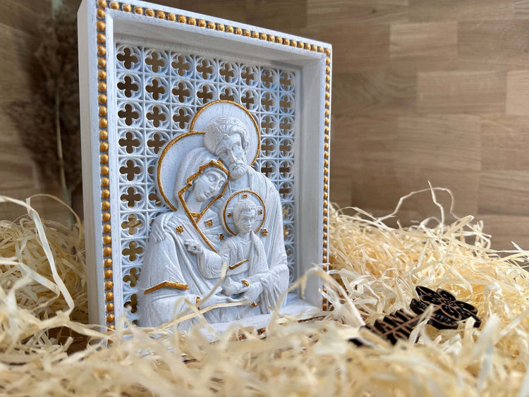 Holy Family Wooden carved statuary Natural wood Christian christmas home decor set - 6x7 inches