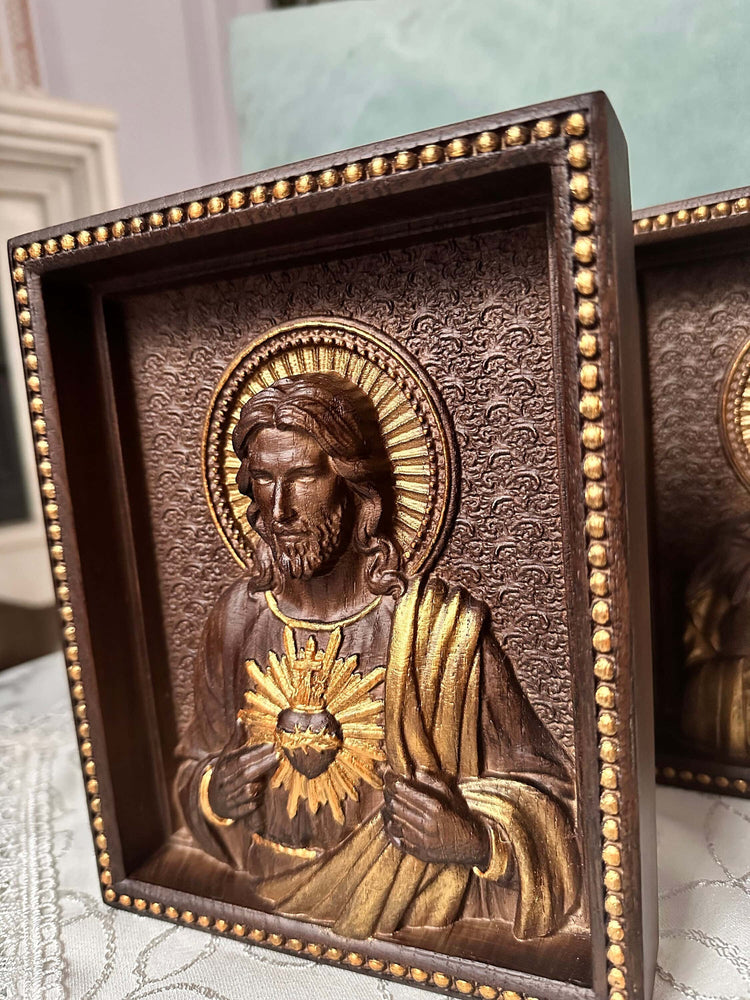 Sacred Heart of Jesus and Immaculate Heart of Mary Set of two Wooden panels Wooden carved statuary 6x7 inches Religious gift