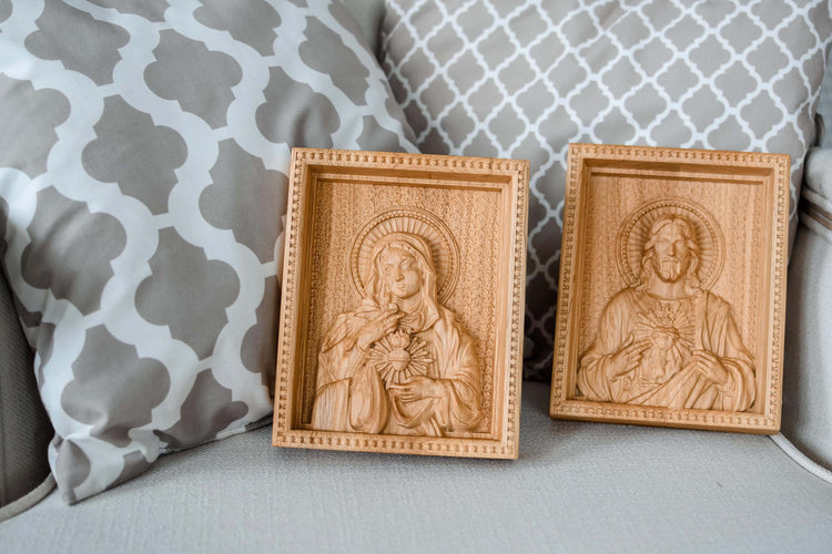 Sacred Heart of Jesus and Immaculate Heart of Mary Set of two Wooden panels Wooden carved statuary 6x7 inches Religious gift