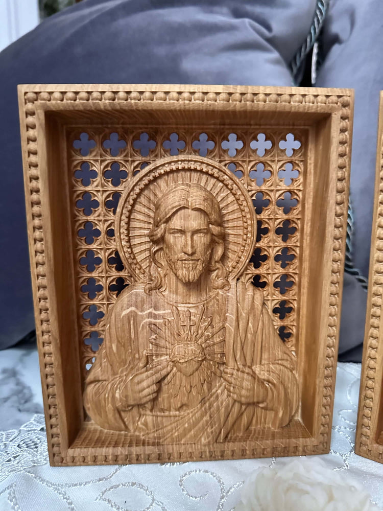 Sacred Heart of Jesus and Immaculate Heart of Mary Set of two Wooden panels Wooden carved statuary 6x7 inches Religious gift