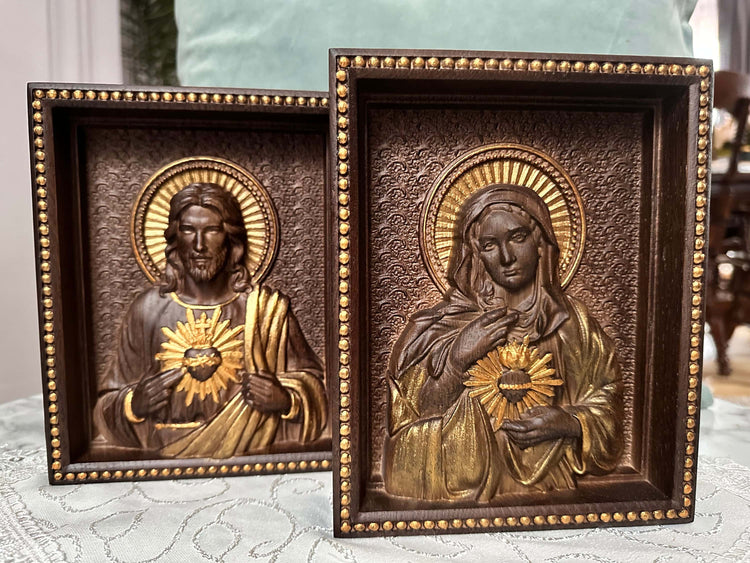 Sacred Heart of Jesus and Immaculate Heart of Mary Set of two Wooden panels Wooden carved statuary 6x7 inches Religious gift